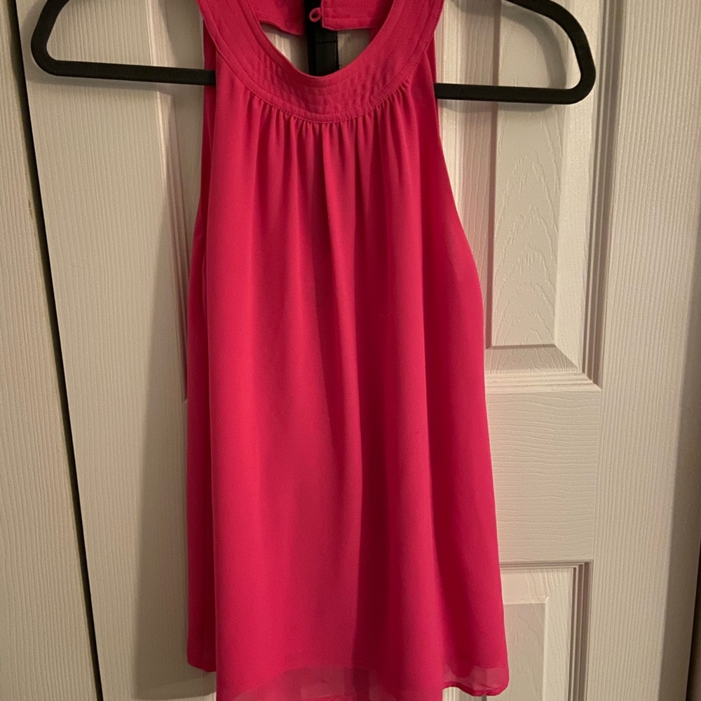 High neck pink silk tank top with small cut out back